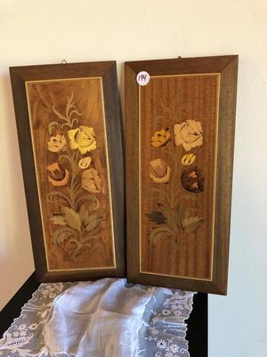 Vintage Italian Floral Wood Inlay Wall Art, Pair