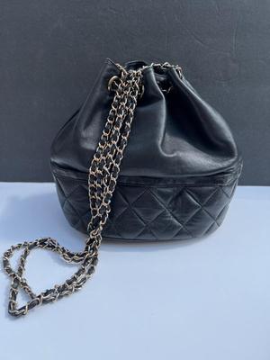 Chanel Black Leather Vintage Quilted Draw Chain Bag