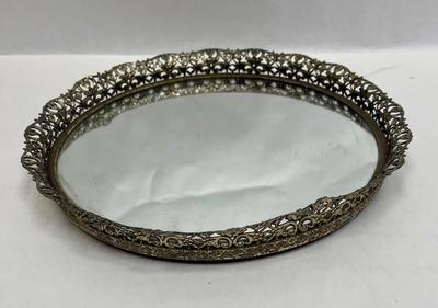 Brass 11 inch diameter Mirrored Dresser Tray with Filigree edge