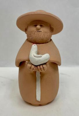 Made in Chile signed Terracotta Monk Figurine holding Dove Swallow white bird