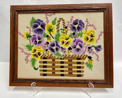 Framed Cross Stitch Still-life of Pansies in a Basket