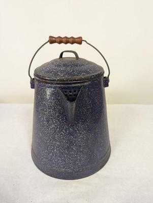 Vintage Blue Enamel Coffee Pot With White Speckles