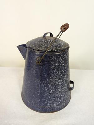 Vintage Blue Enamel Coffee Pot With White Speckles