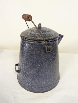 Vintage Blue Enamel Coffee Pot With White Speckles