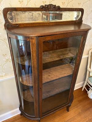 Antique Curved Glass Curio Cabinet w/ Mirror