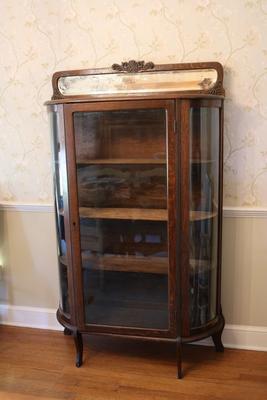 Antique Curved Glass Curio Cabinet w/ Mirror
