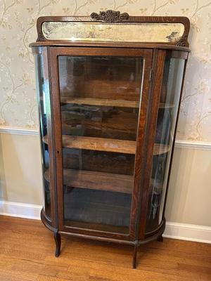 Antique Curved Glass Curio Cabinet w/ Mirror