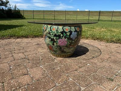 Chinese Glass Topped Fish Bowl Planter Table