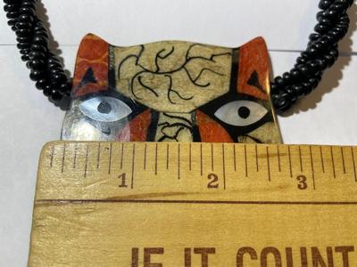 Vintage Beaded Lacquered Hand Painted 24.5" Cat Necklace in Good Preowned Condition.