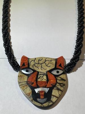 Vintage Beaded Lacquered Hand Painted 24.5" Cat Necklace in Good Preowned Condition.