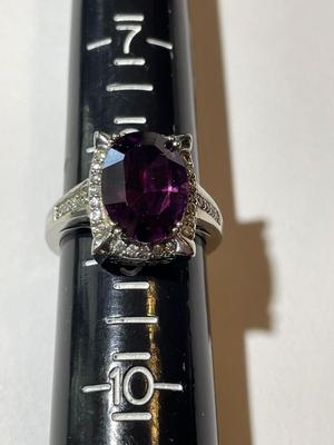Vintage Amethyst Color Stone & CZ Fashion Silver-toned Ring Size 8.5 in Good Preowned Condition.