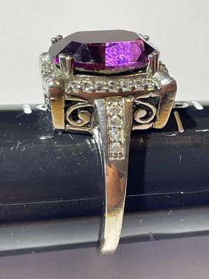 Vintage Amethyst Color Stone & CZ Fashion Silver-toned Ring Size 8.5 in Good Preowned Condition.