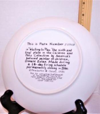 "Waiting to Play" by Artist Donald Zolan - Includes : Plate #8292B, 7½" Diameter & Date Closing 1986