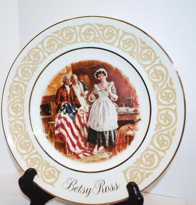 "Betsy Ross" Patriot Flagmaker Avon by Artist James S. Avati - Avon Plate Made in England - 1973 - Shown with Founding Members...