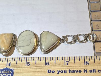 Vintage Sterling Silver Heavy Encased Agate/Stones 7-8.5" Adjustable Bracelet 77.6 Grams TW in Good Preowned Condition.