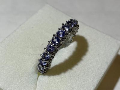 Vintage Sterling Silver Eternity Tanzanite Color Stones Ring Size-9 4.2 Grams TW in Good Preowned Condition as Pictured.