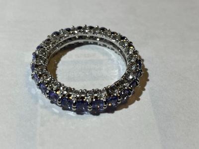 Vintage Sterling Silver Eternity Tanzanite Color Stones Ring Size-9 4.2 Grams TW in Good Preowned Condition as Pictured.