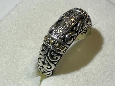 Vintage EFFY Designer Sterling Silver/18k Gold w/Diamonds Fashion Wedding Band Ring Size-7 in Good Preowned Condition.