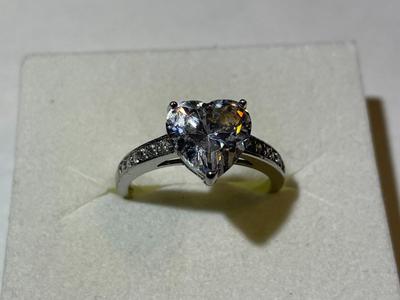 Vintage Sterling Silver Fashion Heart-Shaped CZ Engagement Ring Size-9 in Good Preowned Condition. (Approx 2-Carat Sized Center CZ).