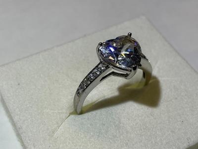 Vintage Sterling Silver Fashion Heart-Shaped CZ Engagement Ring Size-9 in Good Preowned Condition. (Approx 2-Carat Sized Center CZ).