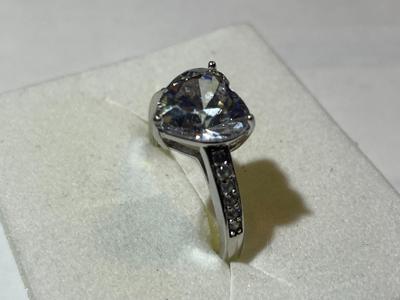 Vintage Sterling Silver Fashion Heart-Shaped CZ Engagement Ring Size-9 in Good Preowned Condition. (Approx 2-Carat Sized Center CZ).