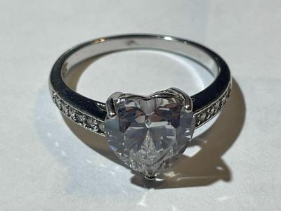 Vintage Sterling Silver Fashion Heart-Shaped CZ Engagement Ring Size-9 in Good Preowned Condition. (Approx 2-Carat Sized Center CZ).
