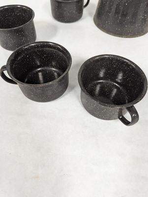 Black Enamelware Coffee Pot & Cups