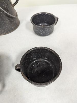 Black Enamelware Coffee Pot & Cups
