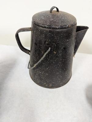 Black Enamelware Coffee Pot & Cups