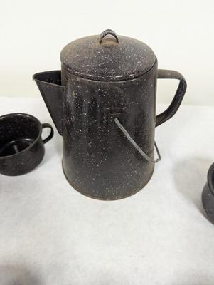 Black Enamelware Coffee Pot & Cups