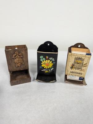 Vintage Wood & Metal Wall Match Holders
