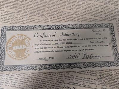 1932 New York Times Paper With COA