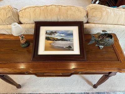 BRASS SAILBOAT, METAL FISH CANDLE HOLDER, BEACH SCENE PICTURE AND A HAWAIIAN TEA LIGHT