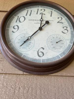 METAL PLANT STAND WITH LIVE PLANTS, CLOCK BAROMETER AND HANGING CANDLE LANTERN
