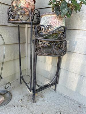 METAL PLANT STAND WITH LIVE PLANTS, CLOCK BAROMETER AND HANGING CANDLE LANTERN