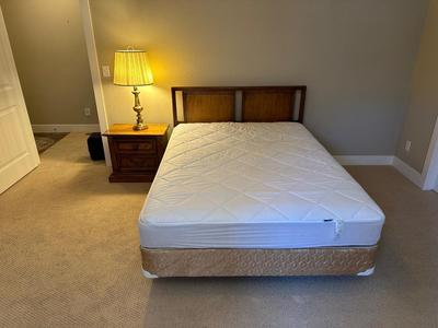 QUEEN SIZE BED WITH HEADBOARD AND FRAME, NIGHT STAND W/LAMP