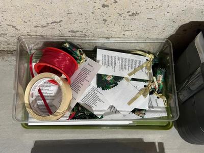 SEWING BASKET FULL OF NOTIONS AND CRAFT SUPPLIES PLUS A PAPER CUTTER