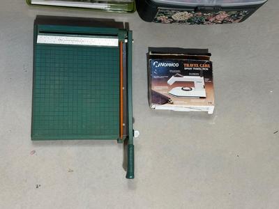 SEWING BASKET FULL OF NOTIONS AND CRAFT SUPPLIES PLUS A PAPER CUTTER