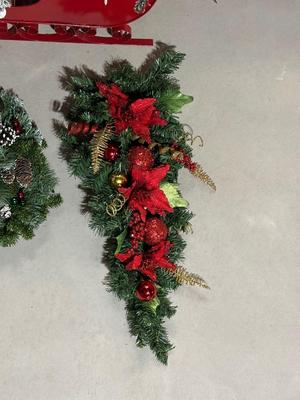CHRISTMAS GREENERY IN A SLEIGH, SWAG AND WREATH