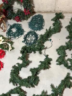 CHRISTMAS WREATH & GREENERY PLUS WOODEN REINDEER AND LIGHTS