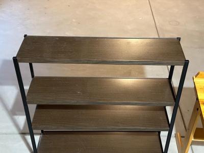 CHILD'S WOODEN DESK AND METAL STORAGE SHELF