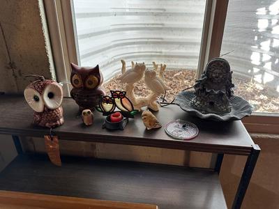TABLE TOP FOUNTAIN, OWL LAMP AND OTHER OWL FIGURES