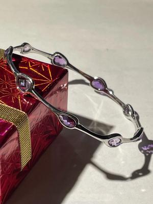 Vintage Sterling Silver 7.5" Wrist Size Amethyst Stones Bangle Bracelet 8.7 Grams TW in Very Good Preowned Condition.