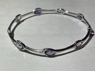 Vintage Sterling Silver 7.5" Wrist Size Amethyst Stones Bangle Bracelet 8.7 Grams TW in Very Good Preowned Condition.