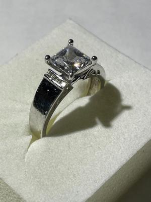 Vintage Sterling Silver Ring Size-10 Princess Cut CZ Engagement Ring 5.3 Grams TW in Good Preowned Condition.