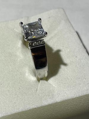 Vintage Sterling Silver Ring Size-10 Princess Cut CZ Engagement Ring 5.3 Grams TW in Good Preowned Condition.