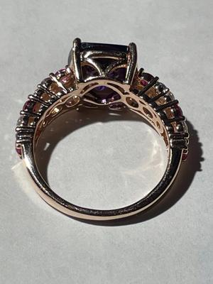 Vintage Sterling Silver Ring Size-8 Rose Color Metal CZ Amethyst & Colored Stones Ring 5.3 Grams TW in Very Good Preowned Condition.