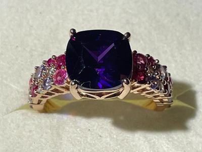 Vintage Sterling Silver Ring Size-8 Rose Color Metal CZ Amethyst & Colored Stones Ring 5.3 Grams TW in Very Good Preowned Condition.