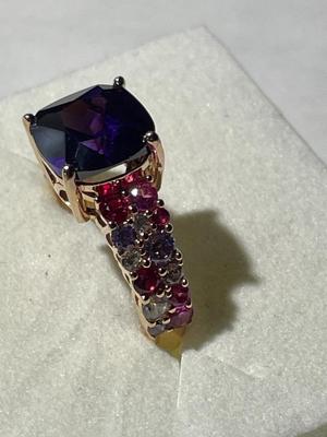 Vintage Sterling Silver Ring Size-8 Rose Color Metal CZ Amethyst & Colored Stones Ring 5.3 Grams TW in Very Good Preowned Condition.