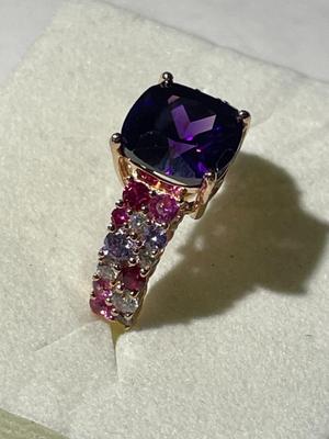 Vintage Sterling Silver Ring Size-8 Rose Color Metal CZ Amethyst & Colored Stones Ring 5.3 Grams TW in Very Good Preowned Condition.